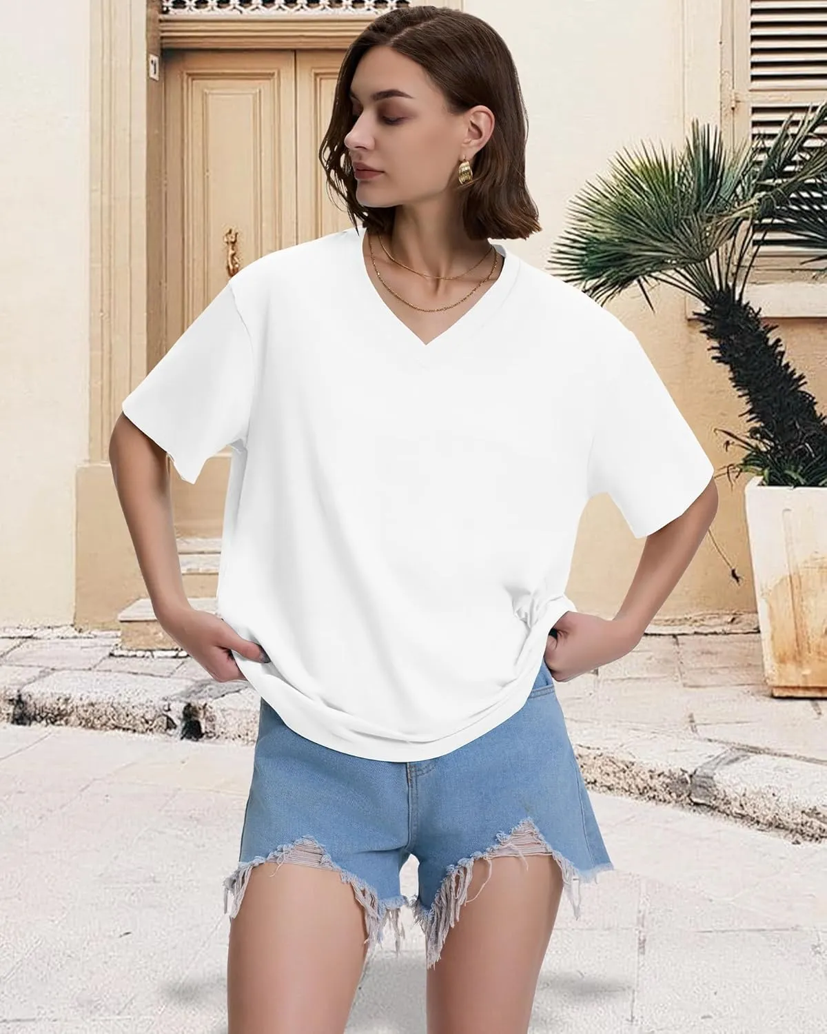 ADOREJOY Oversized Tshirts for Women V Neck Summer Short Sleeve Casual Loose Tunic Tees