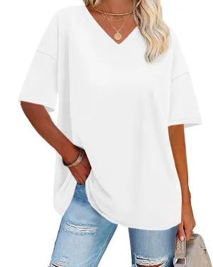 ADOREJOY Oversized Tshirts for Women V Neck Summer Short Sleeve Casual Loose Tunic Tees
