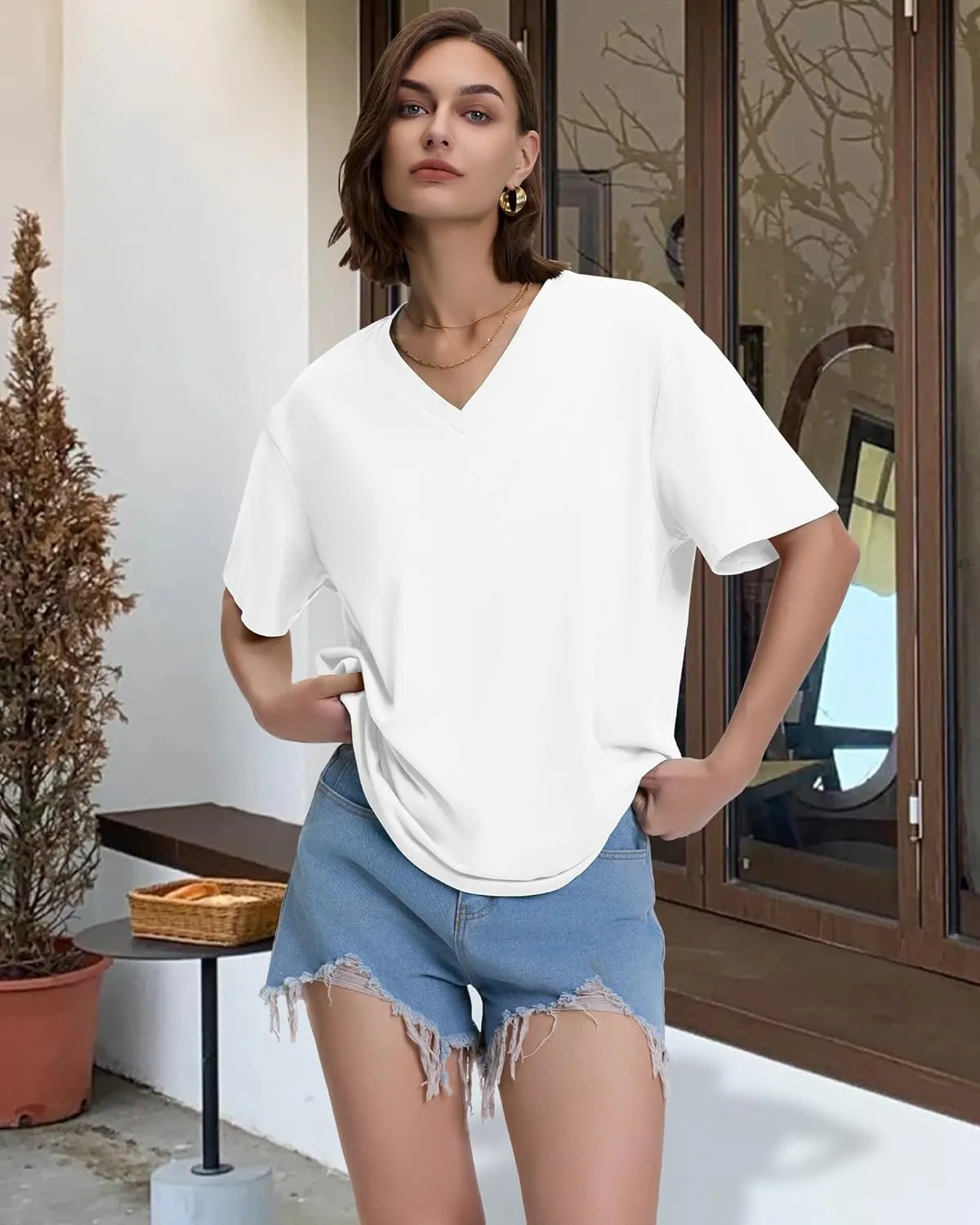 ADOREJOY Oversized Tshirts for Women V Neck Summer Short Sleeve Casual Loose Tunic Tees