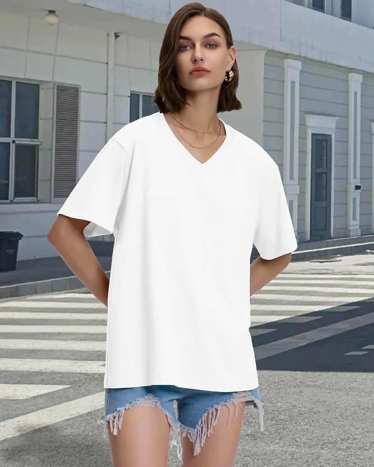 ADOREJOY Oversized Tshirts for Women V Neck Summer Short Sleeve Casual Loose Tunic Tees
