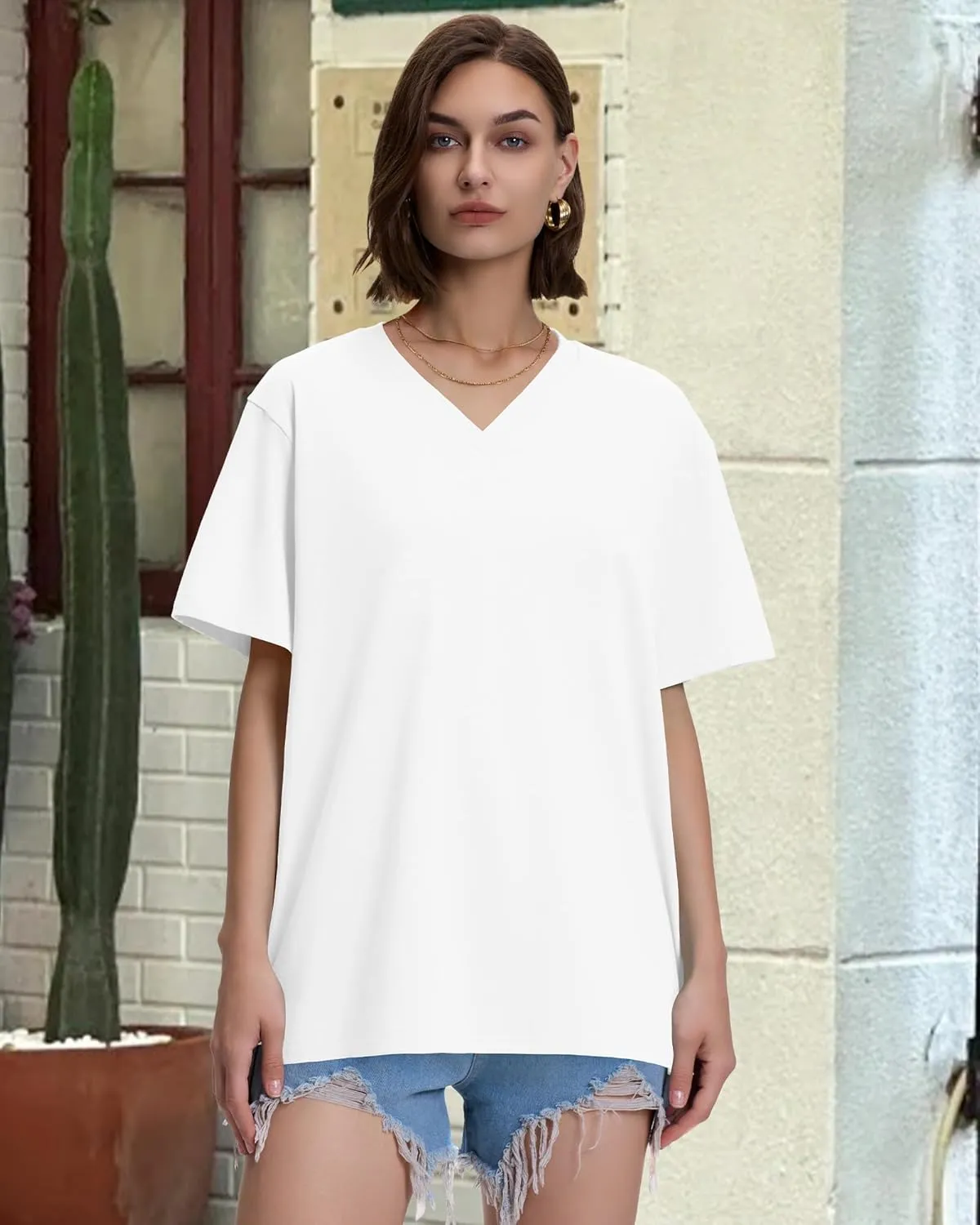 ADOREJOY Oversized Tshirts for Women V Neck Summer Short Sleeve Casual Loose Tunic Tees