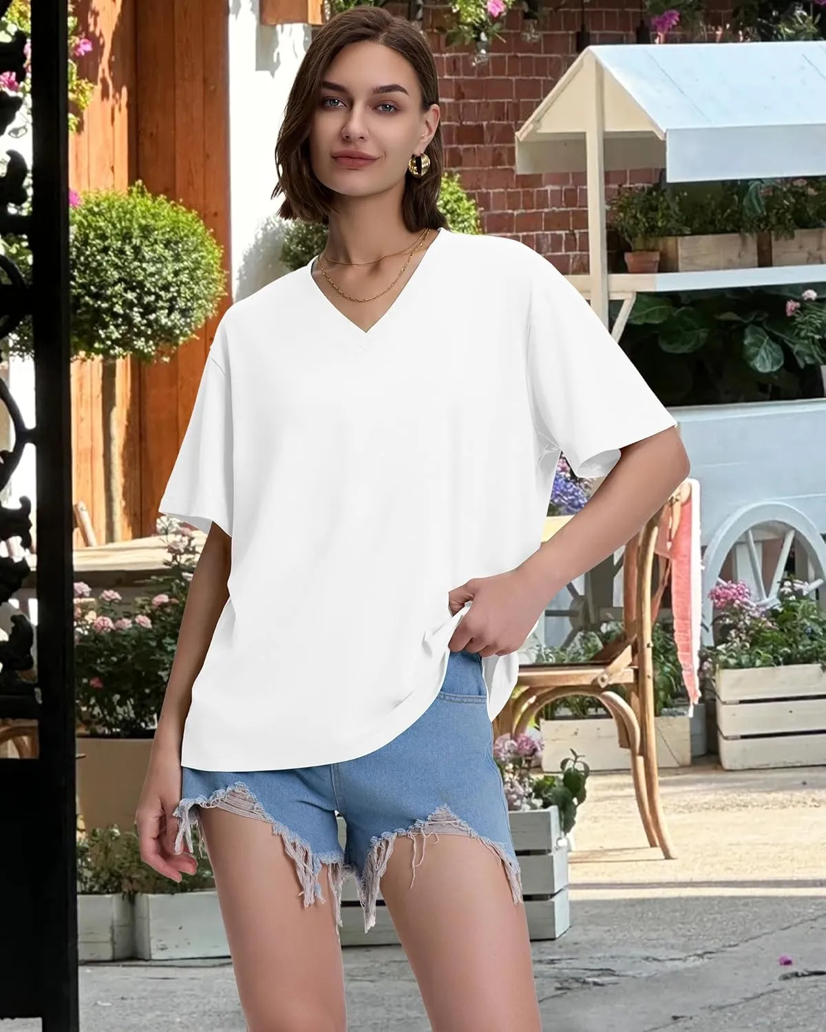 ADOREJOY Oversized Tshirts for Women V Neck Summer Short Sleeve Casual Loose Tunic Tees