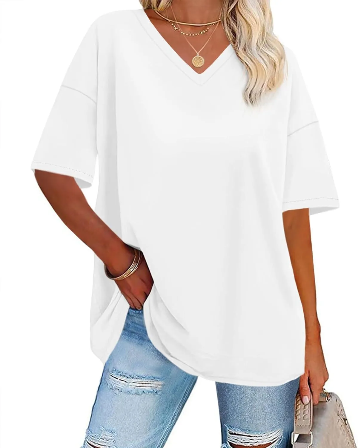 ADOREJOY Oversized Tshirts for Women V Neck Summer Short Sleeve Casual Loose Tunic Tees