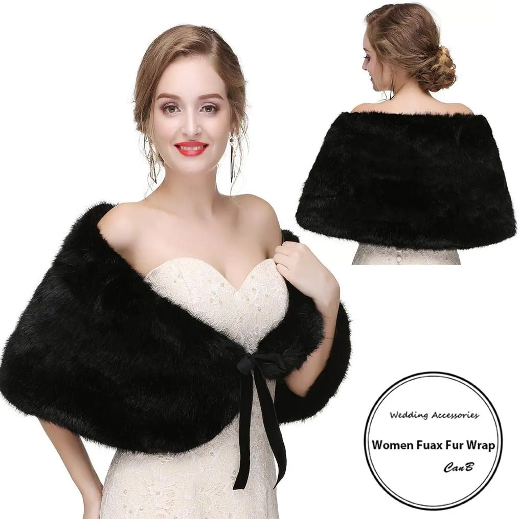 CanB Women's Faux Rabbit Fur Stole Winter Bridal Fur Wraps and Shawls Bride Wedding Fur Cape for Bridesmaids