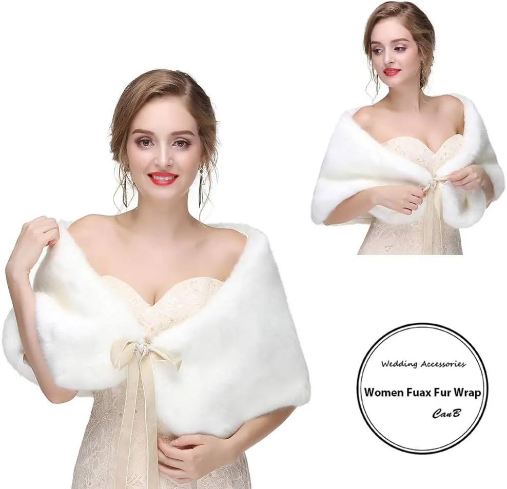 CanB Women's Faux Rabbit Fur Stole Winter Bridal Fur Wraps and Shawls Bride Wedding Fur Cape for Bridesmaids