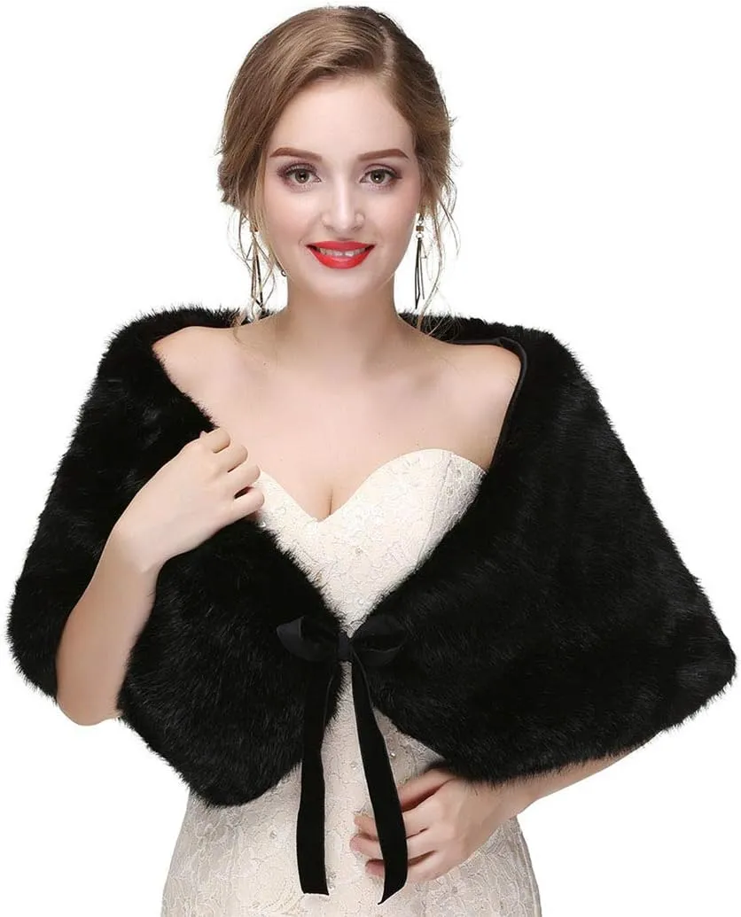 CanB Women's Faux Rabbit Fur Stole Winter Bridal Fur Wraps and Shawls Bride Wedding Fur Cape for Bridesmaids