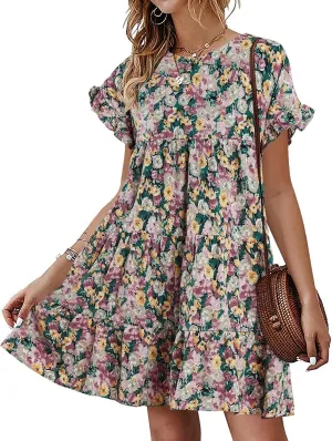 Chuanqi Womens Ruffles Boho Floral Printed Babydoll Loose Swing Casual Short Mini T-Shirt Dress