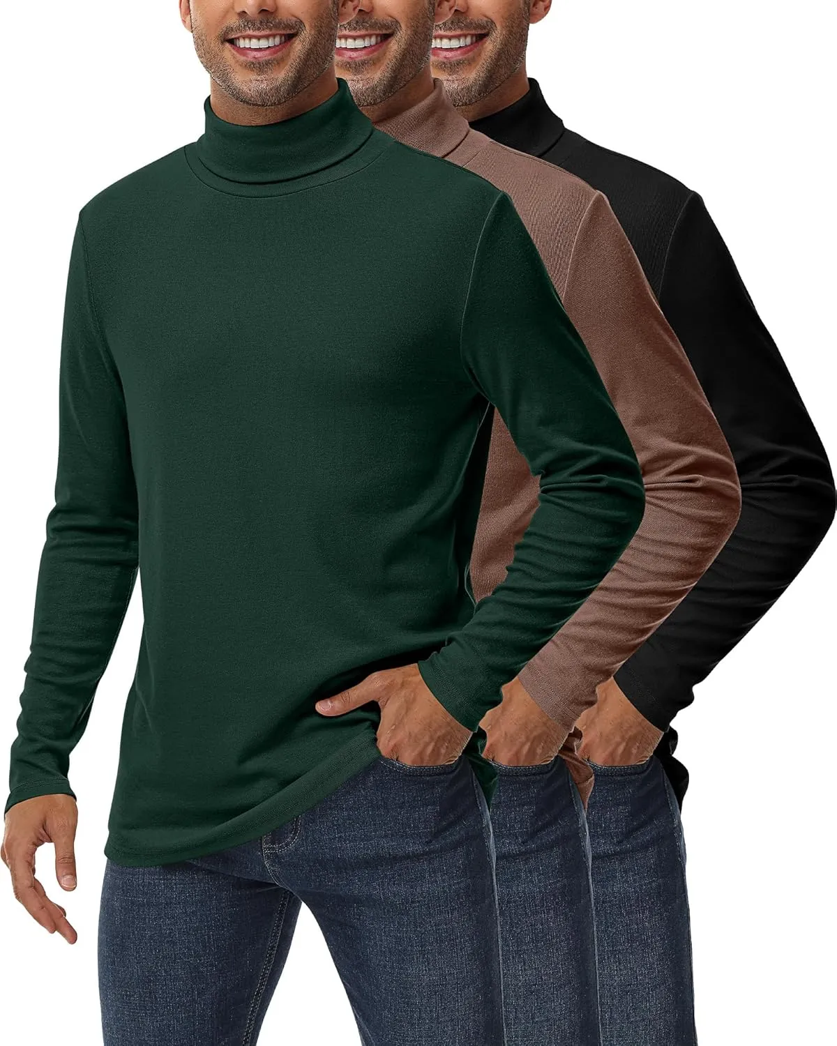 Ficerd 3 Pack Men's Turtleneck Shirts, Long Sleeve Cotton Pullover Sweaters Mock Neck Knitted T Shirt Basic Slim Fit Tee Tops