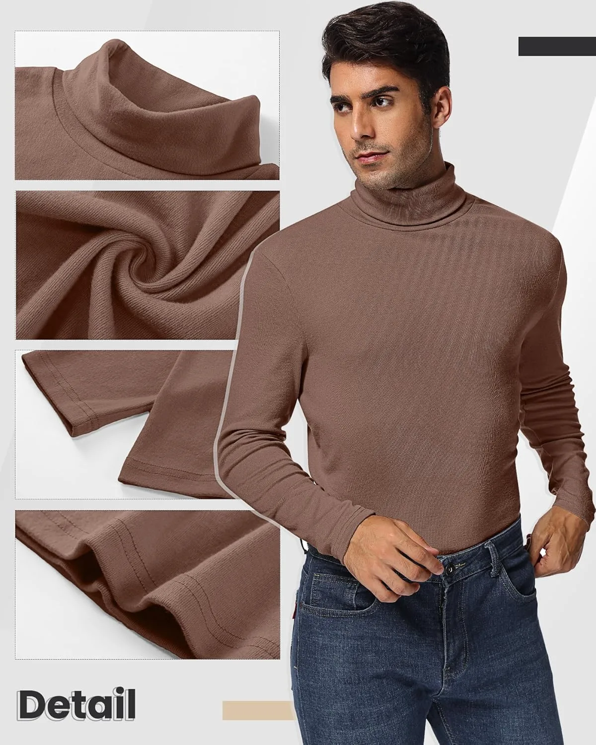 Ficerd 3 Pack Men's Turtleneck Shirts, Long Sleeve Cotton Pullover Sweaters Mock Neck Knitted T Shirt Basic Slim Fit Tee Tops