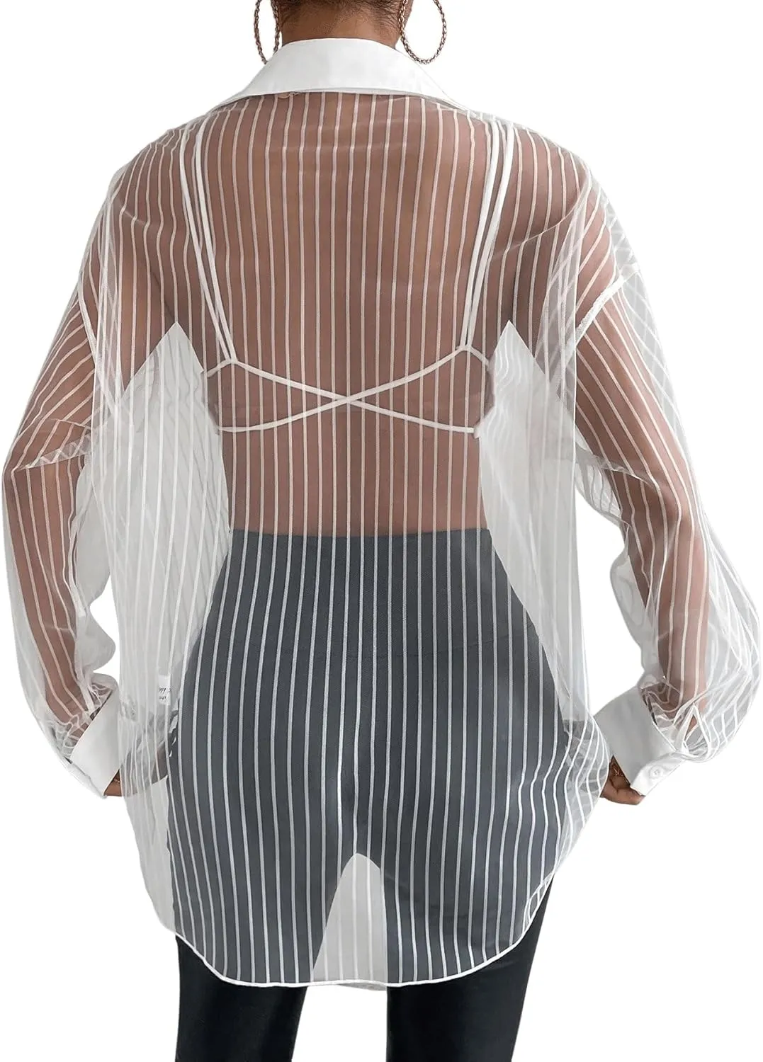 Floerns Women's Sheer Drop Shoulder Blouse Long Sleeve Collar Button Loose Shirts Tops