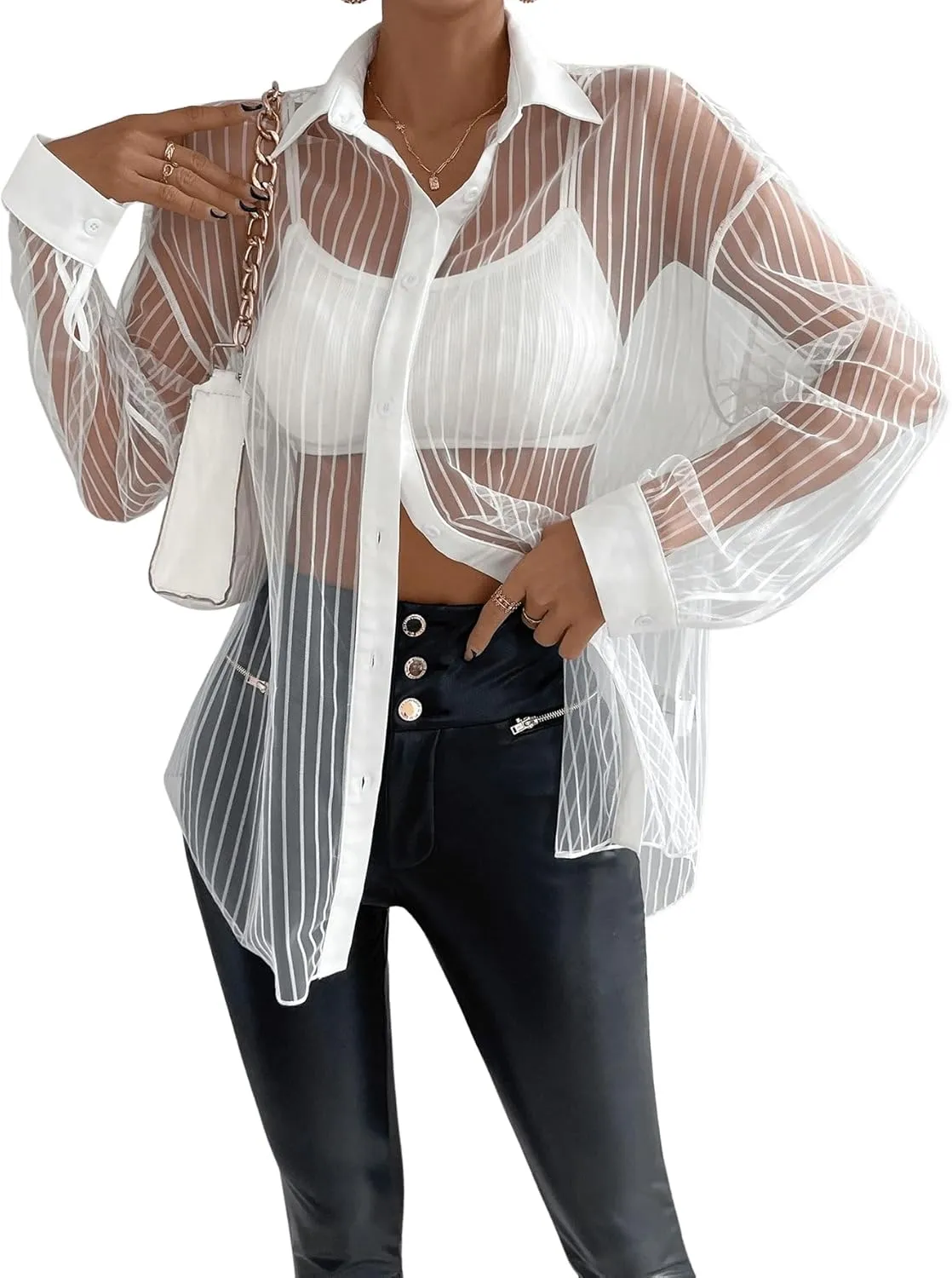 Floerns Women's Sheer Drop Shoulder Blouse Long Sleeve Collar Button Loose Shirts Tops