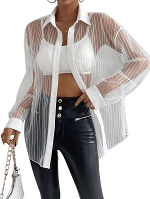 Floerns Women's Sheer Drop Shoulder Blouse Long Sleeve Collar Button Loose Shirts Tops