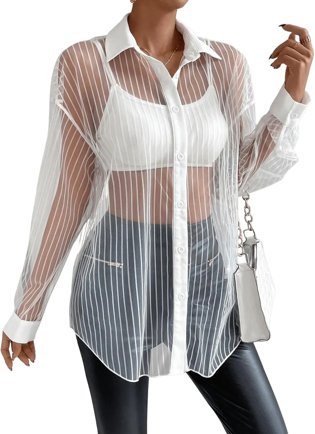 Floerns Women's Sheer Drop Shoulder Blouse Long Sleeve Collar Button Loose Shirts Tops