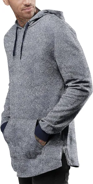 Hat and Beyond Mens Lightweight Marled Longline Zipper Hipster Hoodie Brushed Fleece Pullover