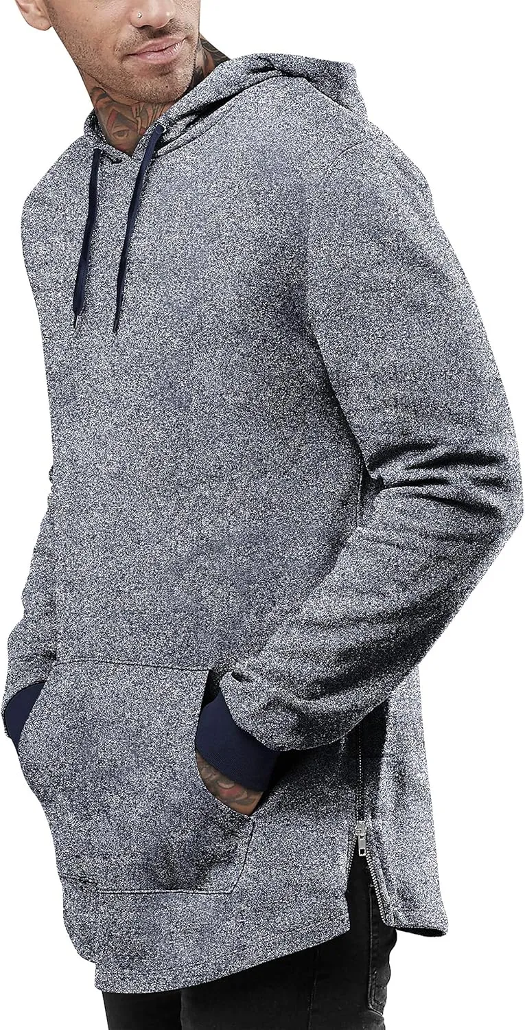 Hat and Beyond Mens Lightweight Marled Longline Zipper Hipster Hoodie Brushed Fleece Pullover