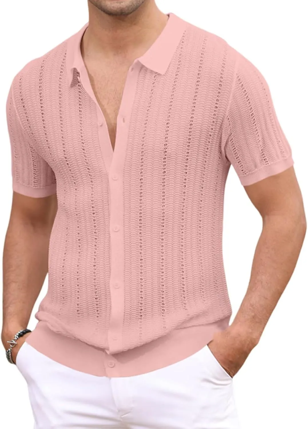 Knit Shirts for Men Vintage Short Sleeve Button Down Shirts Summer Stretch Fit Textured Beach Polo Tops