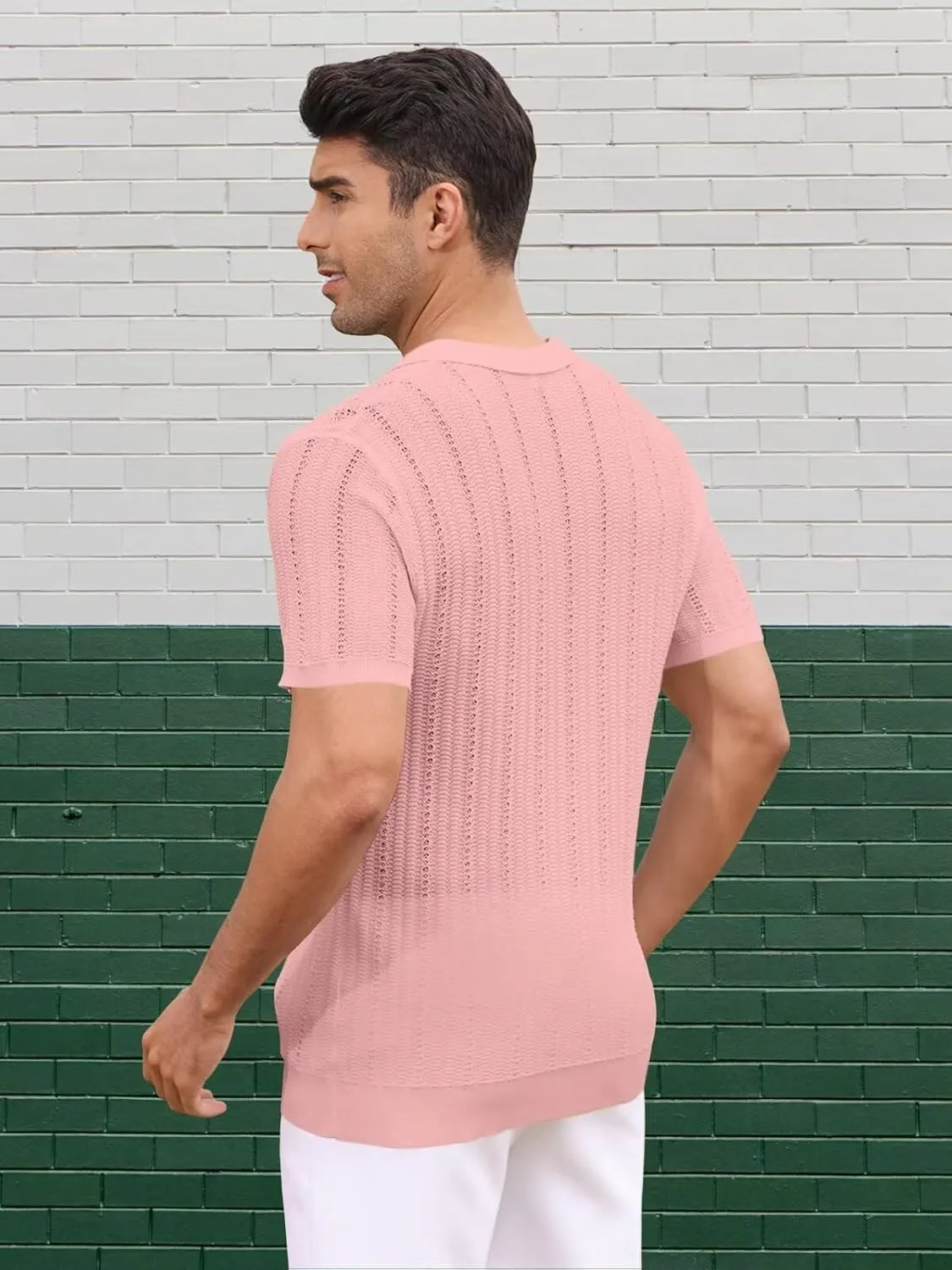 Knit Shirts for Men Vintage Short Sleeve Button Down Shirts Summer Stretch Fit Textured Beach Polo Tops