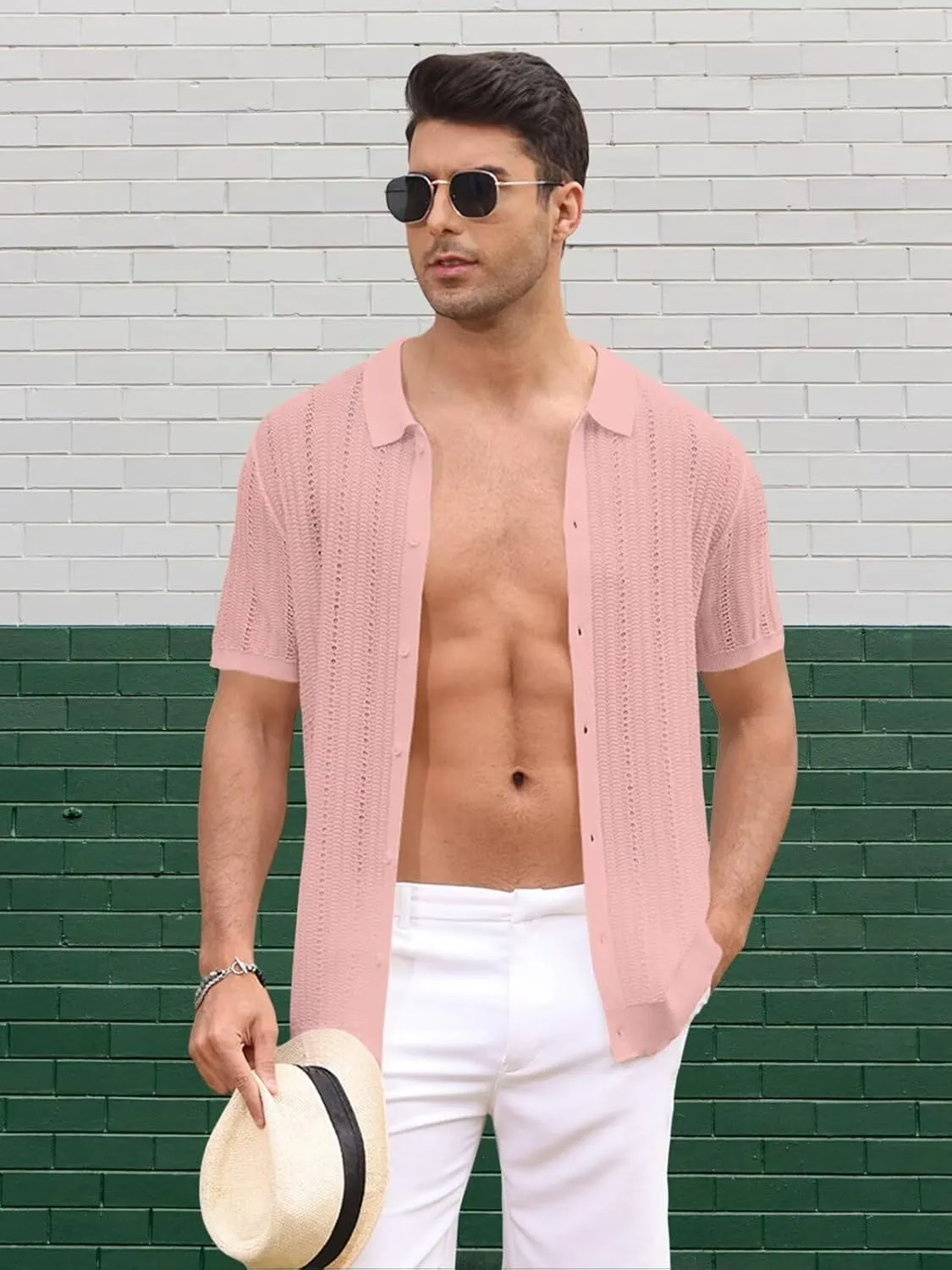 Knit Shirts for Men Vintage Short Sleeve Button Down Shirts Summer Stretch Fit Textured Beach Polo Tops
