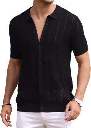 Knit Shirts for Men Vintage Short Sleeve Button Down Shirts Summer Stretch Fit Textured Beach Polo Tops