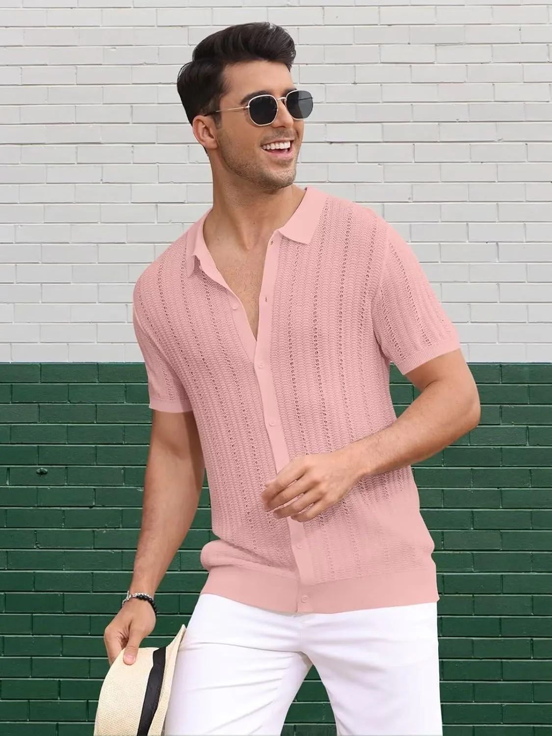 Knit Shirts for Men Vintage Short Sleeve Button Down Shirts Summer Stretch Fit Textured Beach Polo Tops