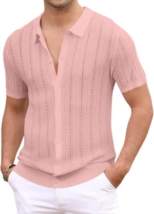 Knit Shirts for Men Vintage Short Sleeve Button Down Shirts Summer Stretch Fit Textured Beach Polo Tops