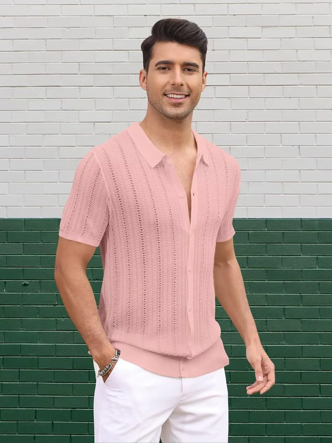 Knit Shirts for Men Vintage Short Sleeve Button Down Shirts Summer Stretch Fit Textured Beach Polo Tops
