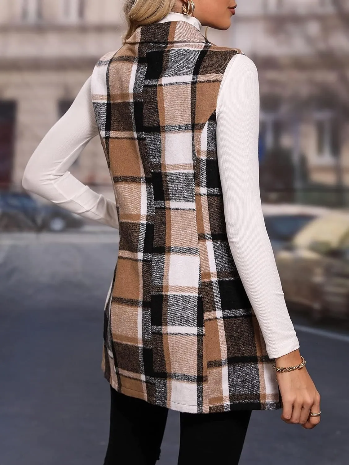MakeMeChic Women's Plaid Vest Coat Casual Lapel Neck Button Front Sleeveless Blazer Jacket Outerwear
