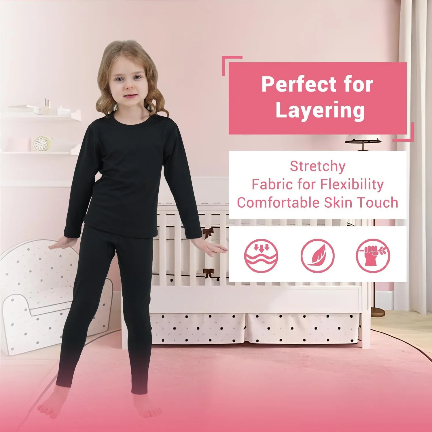 PISIQI Girls Thermal Underwear Set Ultra Soft Long Underwear for Kids Fleece Lined Winter Warm Base Layer Kids Long Johns Set