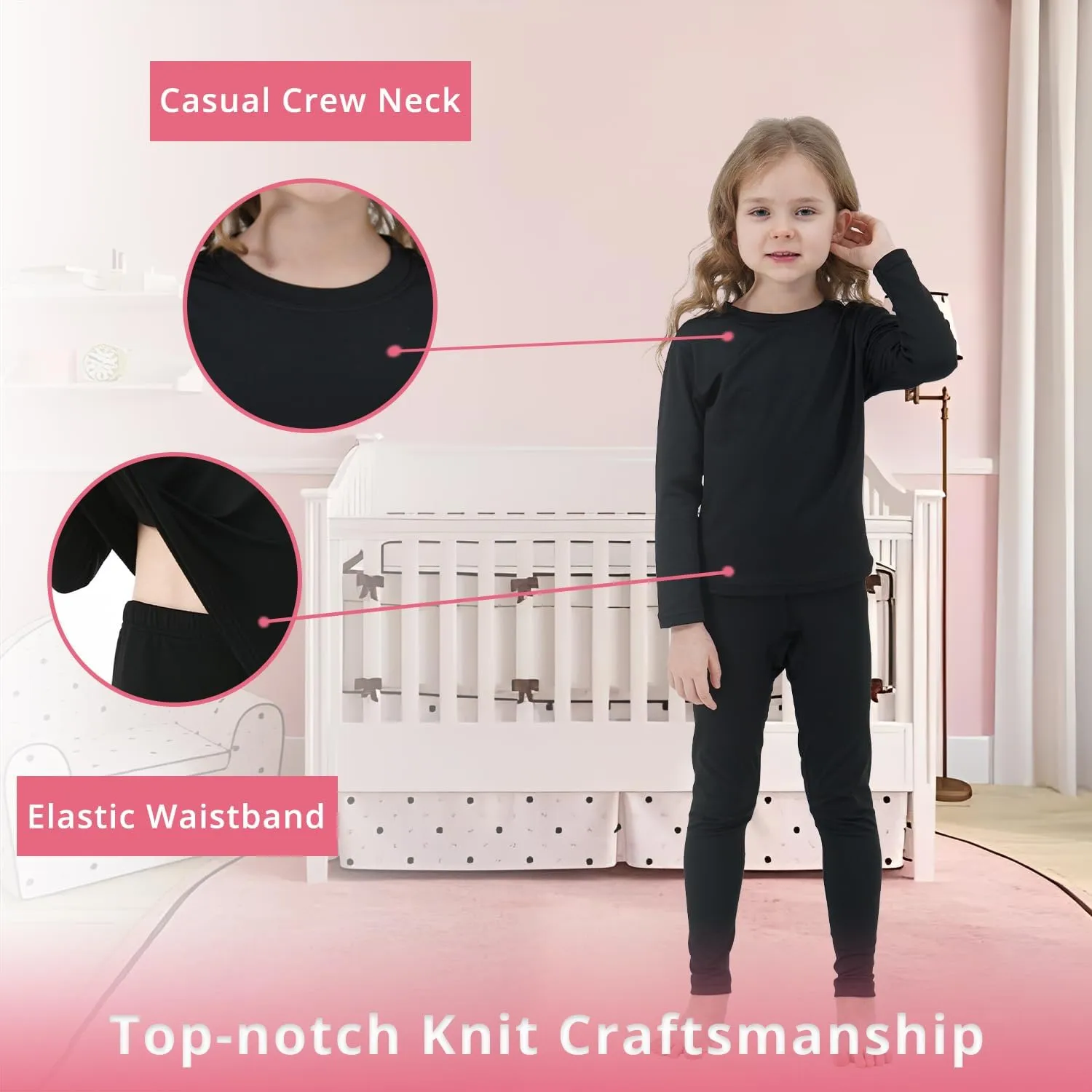 PISIQI Girls Thermal Underwear Set Ultra Soft Long Underwear for Kids Fleece Lined Winter Warm Base Layer Kids Long Johns Set