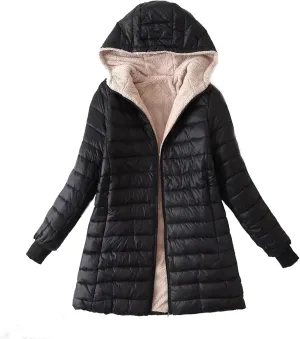 Qeaghou Fleece Lined Winter Coats for Women Warm Trench Coat Furry Windbreaker Ski Jacket Fuzzy Solid Jacket with Hood