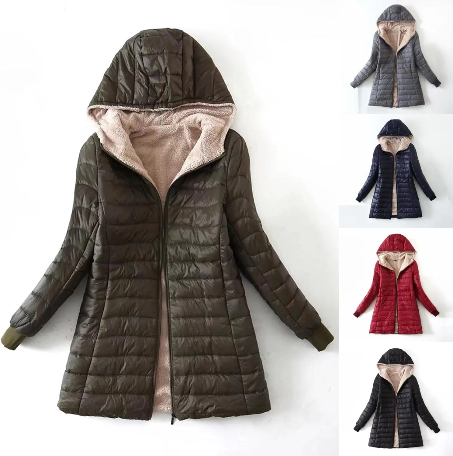 Qeaghou Fleece Lined Winter Coats for Women Warm Trench Coat Furry Windbreaker Ski Jacket Fuzzy Solid Jacket with Hood