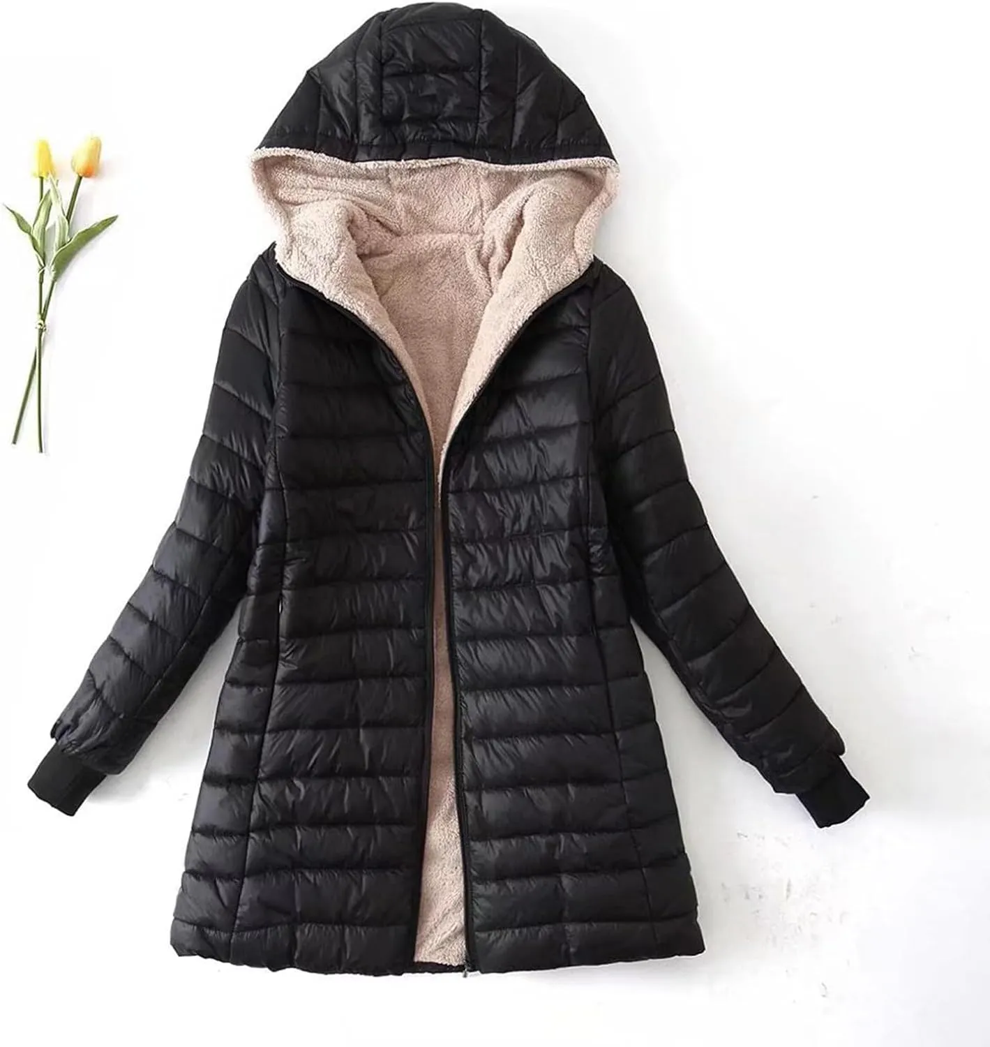 Qeaghou Fleece Lined Winter Coats for Women Warm Trench Coat Furry Windbreaker Ski Jacket Fuzzy Solid Jacket with Hood