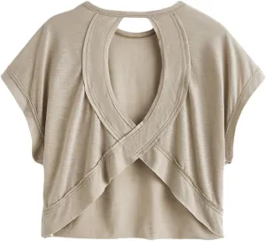 SOLY HUX 2024 Open Back Tops for Women Criss Cross Cut Out Tee Backless Casual Short Sleeve Round Neck T Shirt