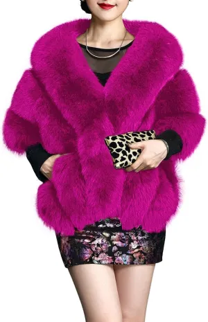 UMREN Women's Luxury Party Faux Fox Fur Long Shawl Cloak Cape for Winter