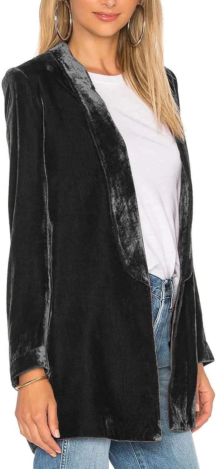 Velvet Blazers for Women Solid Open Front Lapel Cardigan Coat Long Sleeve Fall Winter Office Work Suit Jacket