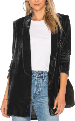 Velvet Blazers for Women Solid Open Front Lapel Cardigan Coat Long Sleeve Fall Winter Office Work Suit Jacket