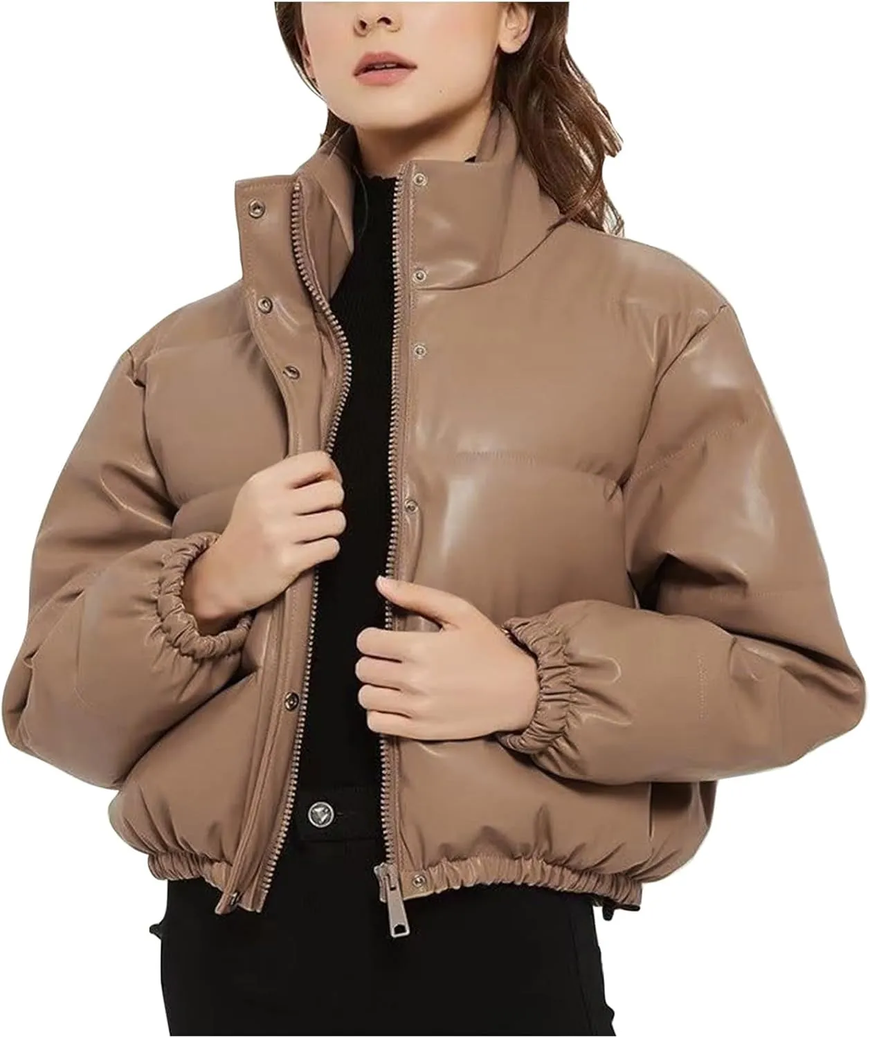 Women Cropped Puffer Jacket Winter Shiny Coat Parka Fashion Zip Up Short Bubble Padded Down Coats Fashion Y2k Outerwear