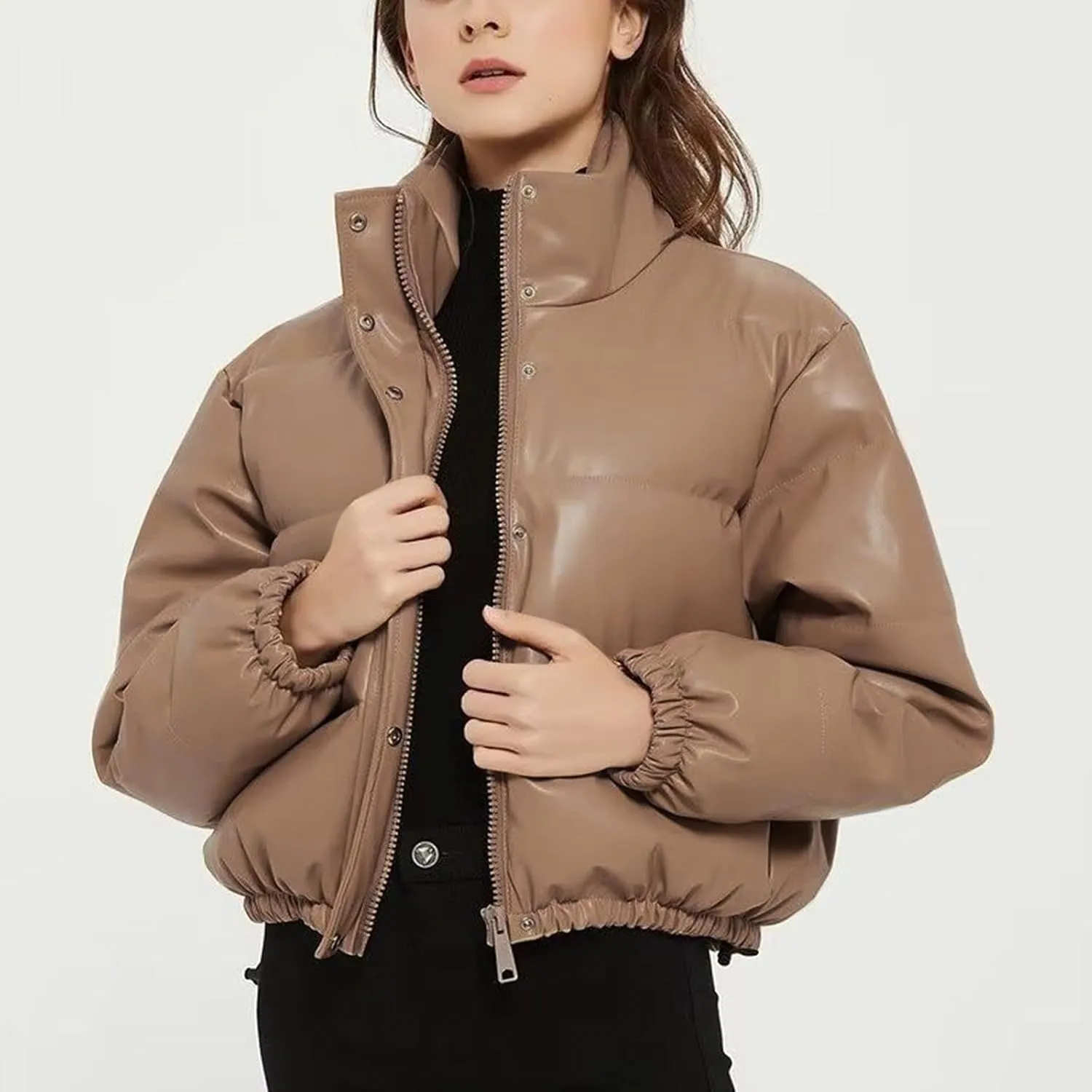Women Cropped Puffer Jacket Winter Shiny Coat Parka Fashion Zip Up Short Bubble Padded Down Coats Fashion Y2k Outerwear