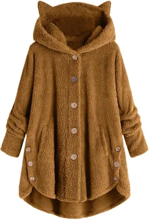Womens Long Fleece Jackets Winter Hooded Coats Oversized Button Down Cardigan Sweater Warm Soft Jacket with Pockets
