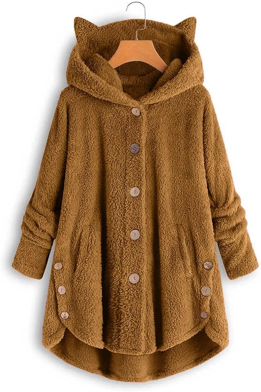 Womens Long Fleece Jackets Winter Hooded Coats Oversized Button Down Cardigan Sweater Warm Soft Jacket with Pockets