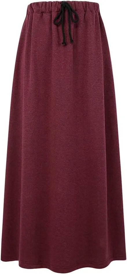 Ylingjun Womens Warm Fleece Lined Long Jersey Skirts Elastic Waist A Line Flared Winter Skirt